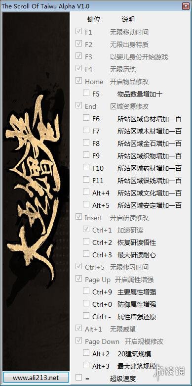 太吾绘卷 v1.0二十四项修改器(感谢游侠会员peizhaochen原创制作)[更新3] 