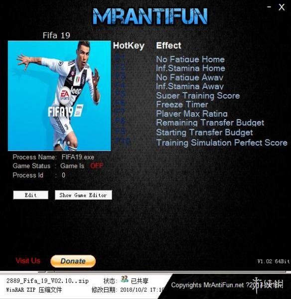FIFA 19 v02.10.201十项修改器MrAntiFun版 