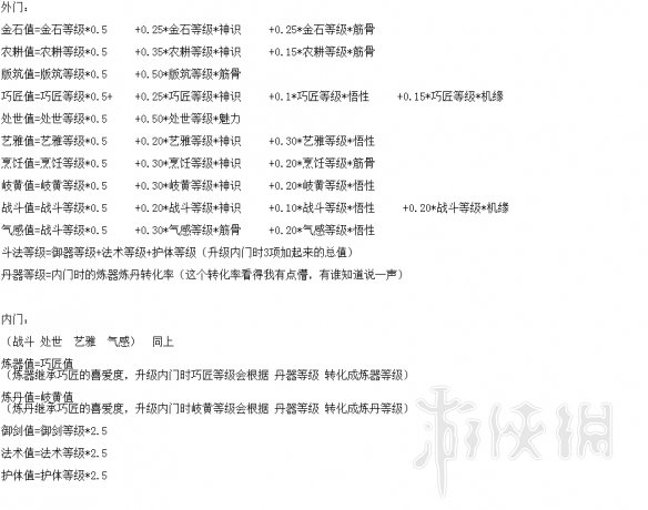 《了不起的修仙模拟器》内门外门各项数值计算公式一览 1